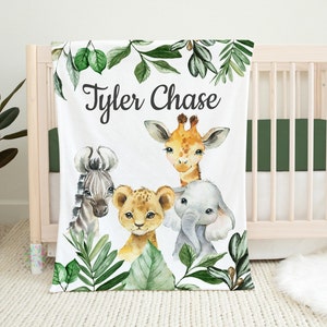 Safari Animals Baby Boy Name Blanket, Jungle Greenery Leaves Forest Personalized Blanket Newborn Baby Shower Gift   Blanket B1531