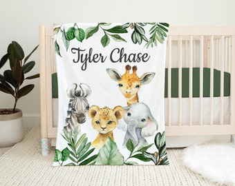 Safari Animals Baby Boy Name Blanket, Jungle Greenery Leaves Forest Personalized Blanket Newborn Baby Shower Gift   Blanket B1531