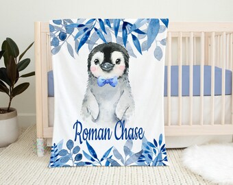 Penguin Baby Boy Name Blanket, Personalized  Watercolor Leaves Penguins  Newborn Baby Name Blanket Penguin Baby Shower Gift  B1610