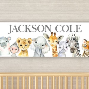 Safari Animals Nursery Name Wall Art CANVAS, Watercolor Baby Animals Nursery Prints Jungle Animals Decor Baby Shower Gift 12x36 CANVAS
