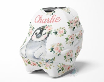 Penguin Baby  Cover Canopy Blush Pink Floral Girl Name Baby Shower Gift Shopping Cart Highchair Nursing Privacy  Cover C114