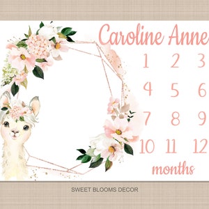 Llama  Floral Milestone Blanket Blush Pink Coral Gold Flowers  Animals Monthly Growth Tracker Newborn Baby Girl Name Baby Shower Gift B1173