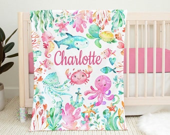 Sea Animals Baby Girl Name Blanket, Personalized Watercolor Turtle Octopus Under The Sea Baby Shower Gift Nursery   B1501
