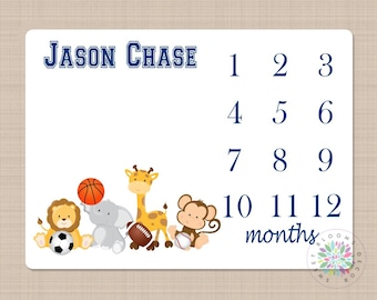 Animals Sports Milestone Blanket, Safari Animals Baby Boy Sports, Monthly Growth Tracker, Sports Balls Blanket,  Baby Shower Gift B143