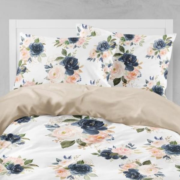 Navy Blush Pink Floral Duvet Cover, Floral Bedding Set, Bedroom Room Decor  Floral Bedding Set Pillow Shams    105