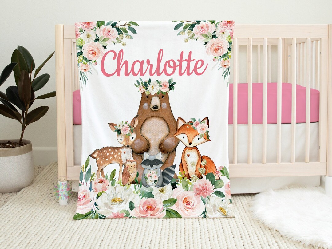 Woodland Animals Baby Girl Floral Name Blanket, Blush Pink Flowers ...