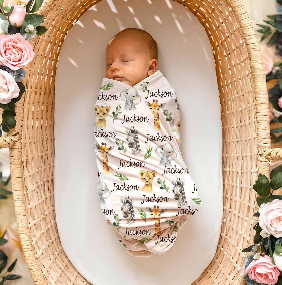 Safari Animals Swaddle Blanket, Personalized Baby Boy Blanket, Jungle ...