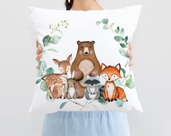 Woodland Animals Nursery Throw Pillow Decor Eucalyptus Greenery Leaves Fox Bear Deer Owl Bunny Baby Shower Gift  Decorative Pillow 203