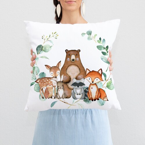 Woodland Animals Nursery Pillow Animals Nursery Decor Fox Etsy