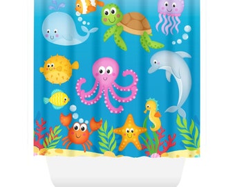 Sea Animals Shower Curtain, Under The Sea  Bathroom Decor Tooth Brush Holder Soap Dispenser Towle Bath Mat Turtle Whale Shark Octopus 189