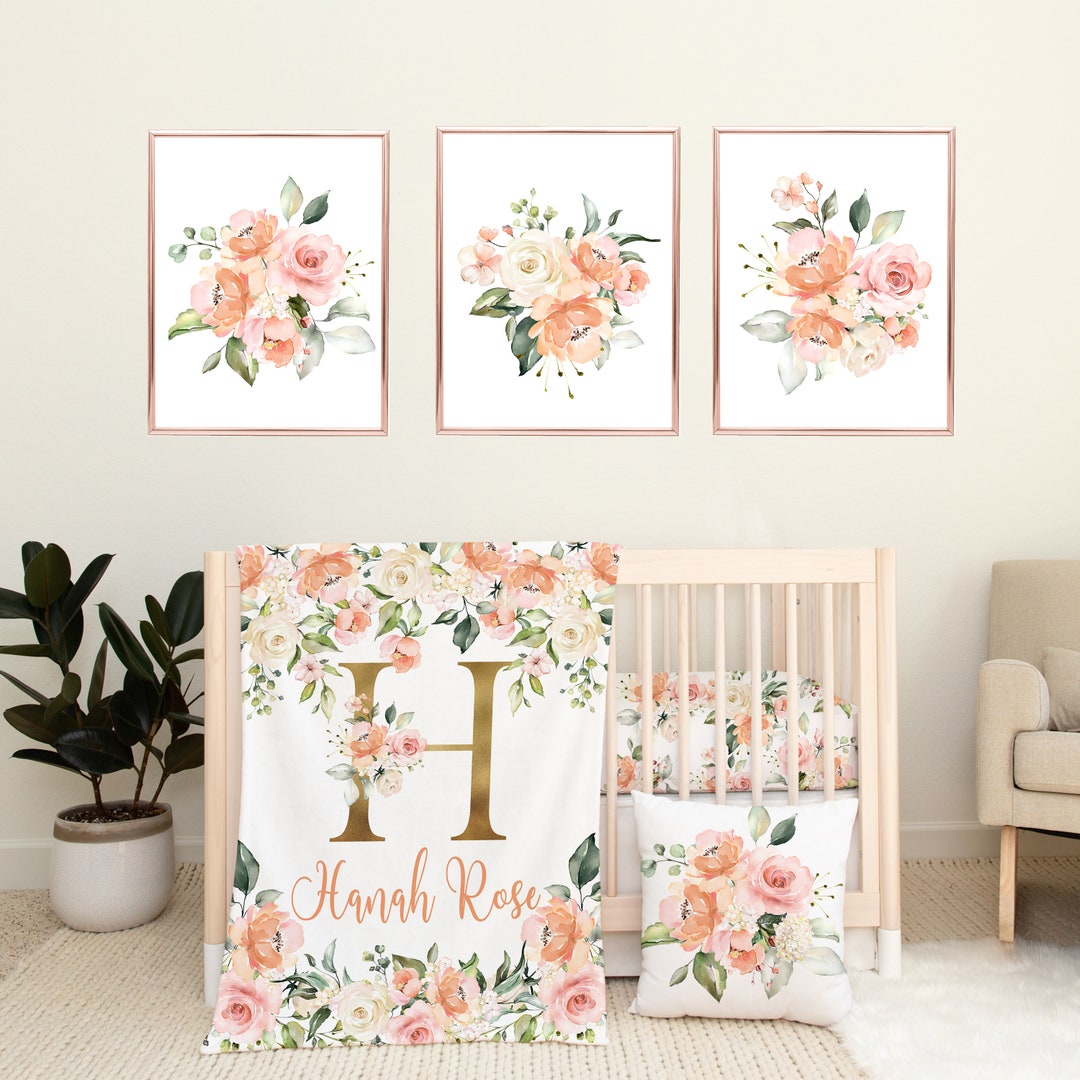 Peach Pink Watercolor Floral Baby Girl Nursery Bedding Set:fitted Sheet ...