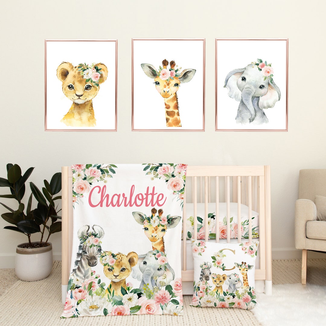 Safari Animals Nursery Bedding Set, Blush Pink Floral Baby Girl:fitted ...