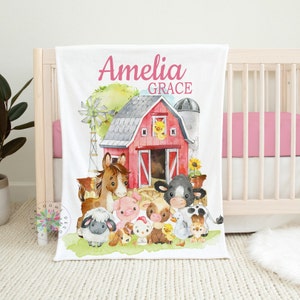 Farm Animals Baby Blanket, Personalized Girl Farmhouse Barnyard Cow Horse Sheep Pig Chicken Name Baby Shower Gift Nursery Bedding B1692