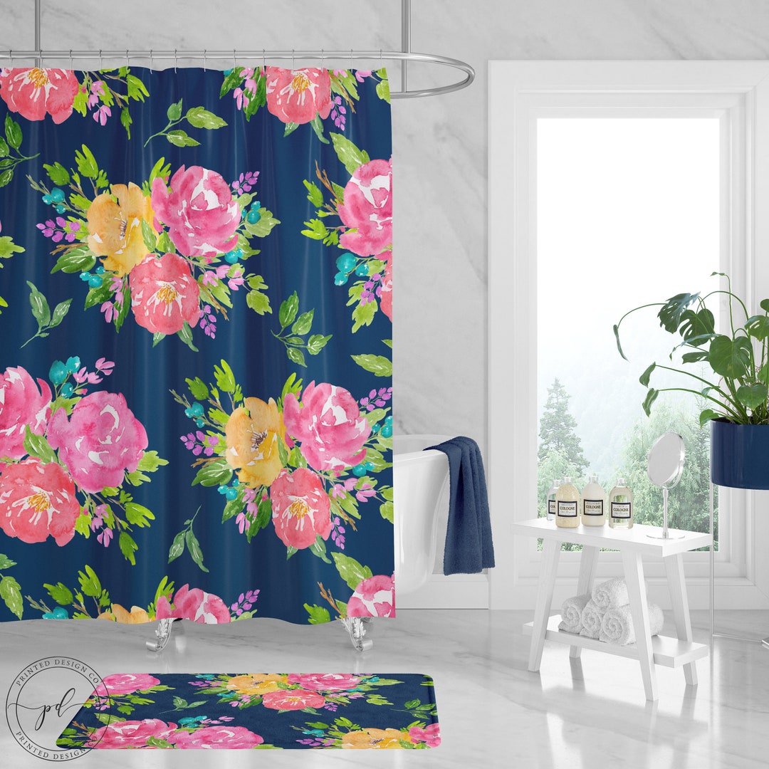 Floral Shower Curtain Watercolor Pink Navy Blue Yellow Flowers Girl