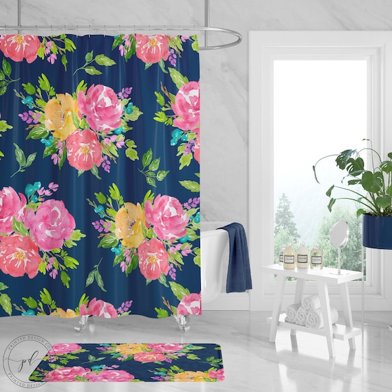 navy blue floral shower curtain