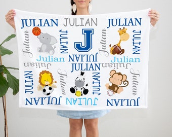 Safari Animals Sports  Blanket, Personalized Jungle Sports Balls, Elephant Lion Monkey Giraffe  Soccer Baseball Basketball Football B1191