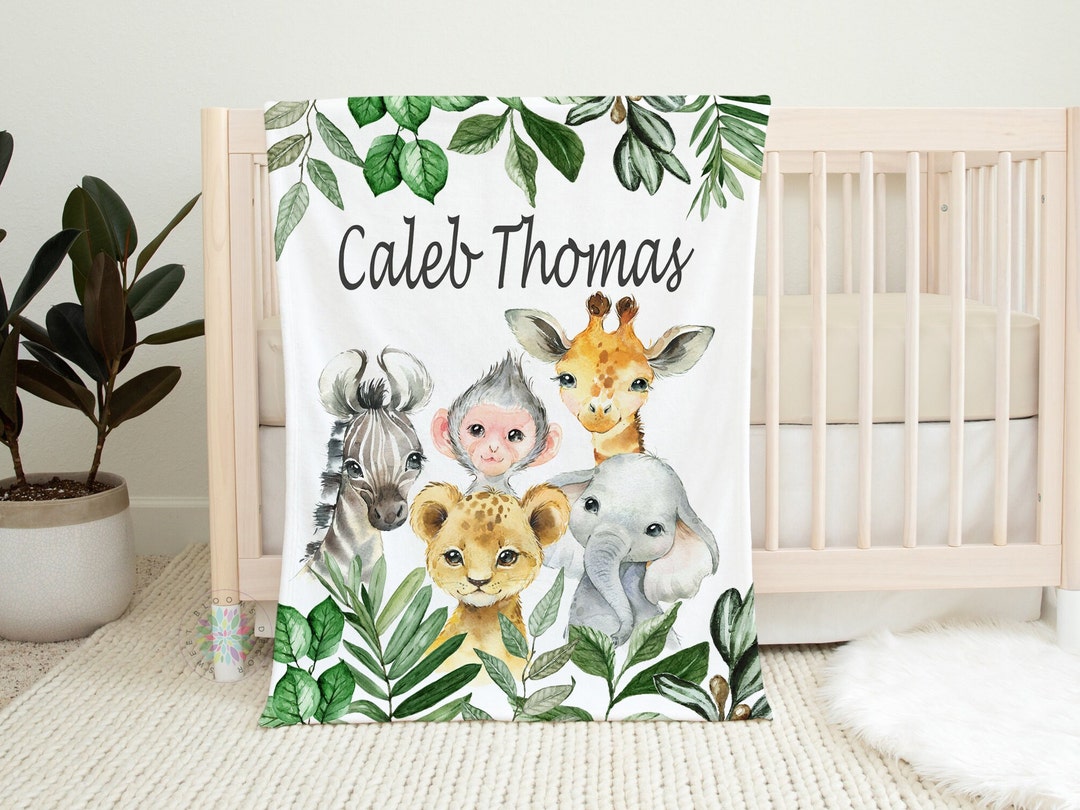 Safari Animals Baby Boy Name Blanket, Jungle Greenery Leaves Forest ...