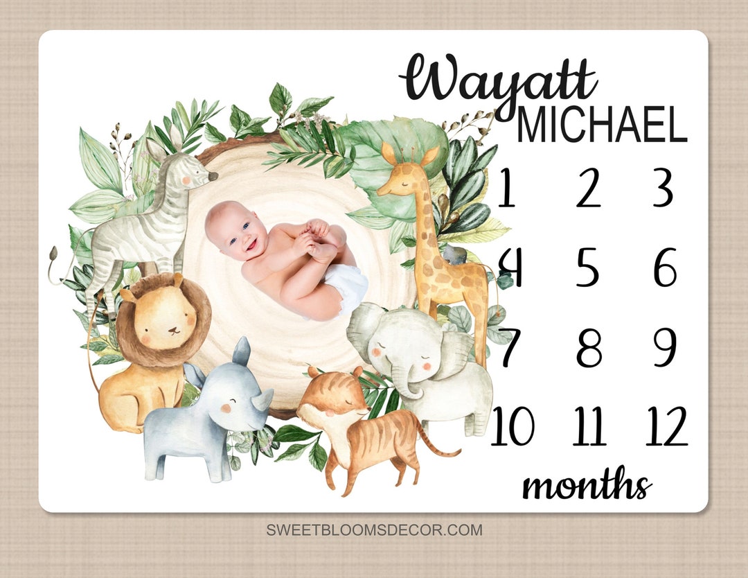 Milestone Blanket, Safari Animals Personalized Baby Boy Jungle Greenery ...