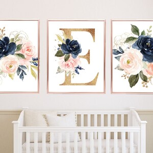 Blush Pink Navy Blue Gold Watercolor Floral Nursery Bedding Set: Fitted ...