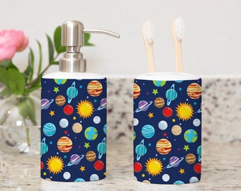 Outer Space Planets theme Toothbrush Holder and Soap Dispenser, Kids Bathroom Decor