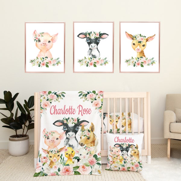 Farm Animals Blush Pink Floral Baby Girl Nursery  Bedding Set :  Fitted Sheet,16x16 Throw Pillow,30x40 Minky Blanket,3(11x14) Wall Art