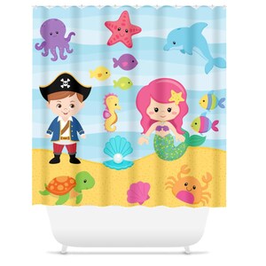 Mermaids Pirates Shower Curtain Sea Animals Brother Sister Shower Bathroom Decor Kids Bathroom Turtle Starfish Octopus Crab Fish S108