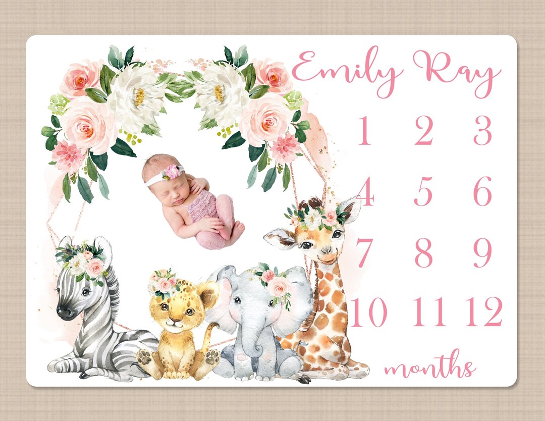 Safari Animals Floral Girl Milestone Blanket, Blush Pink Flowers ...