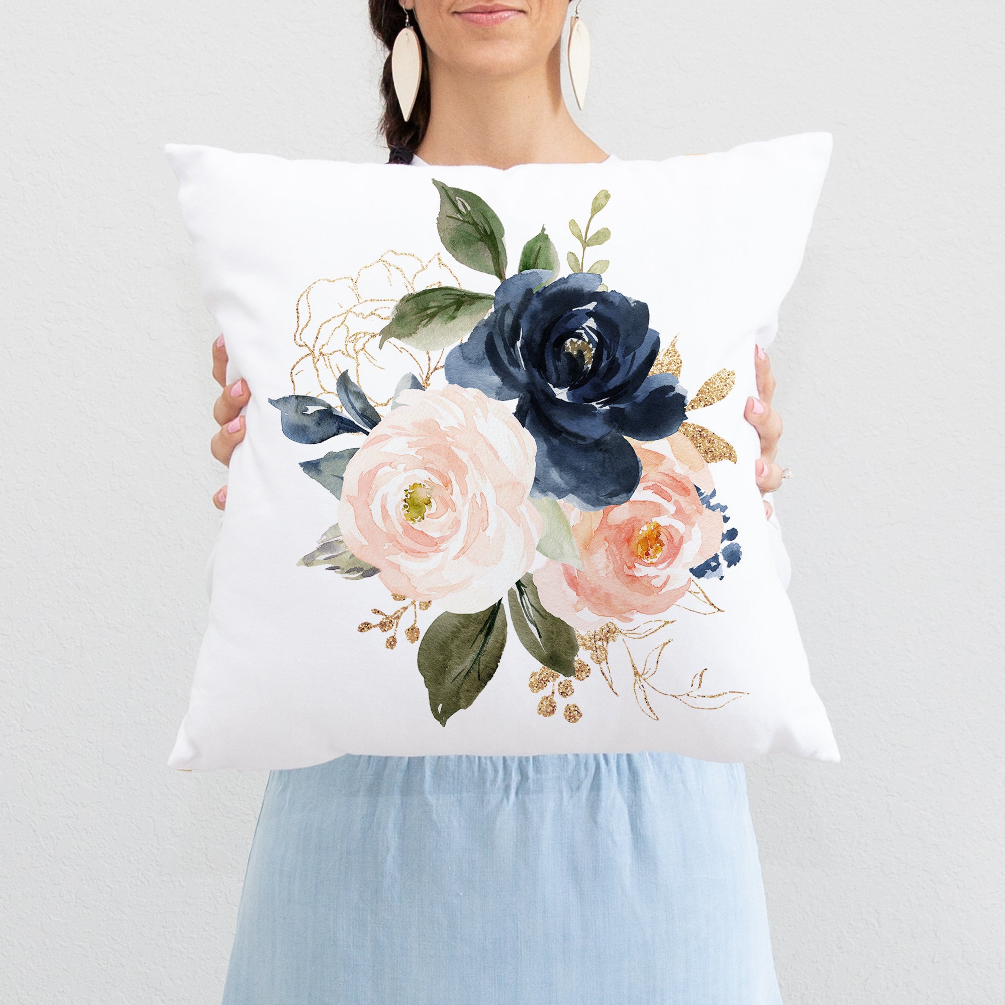 Blush Pink Navy Blue Watercolor Floral Nursery Decor Girl Baby Shower ...
