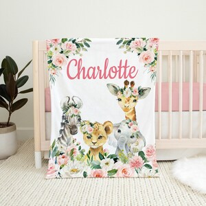 Safari Animals Floral Blanket, Blush Pink Roses Flowers Personalized Blanket, Newborn Baby Shower Gift, Crib Blanket, Gifts For Baby B1318