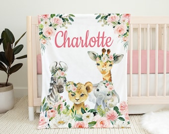 Safari Animals Floral Blanket, Blush Pink Roses Flowers Personalized Blanket, Newborn Baby Shower Gift, Crib Blanket, Gifts For Baby B1318