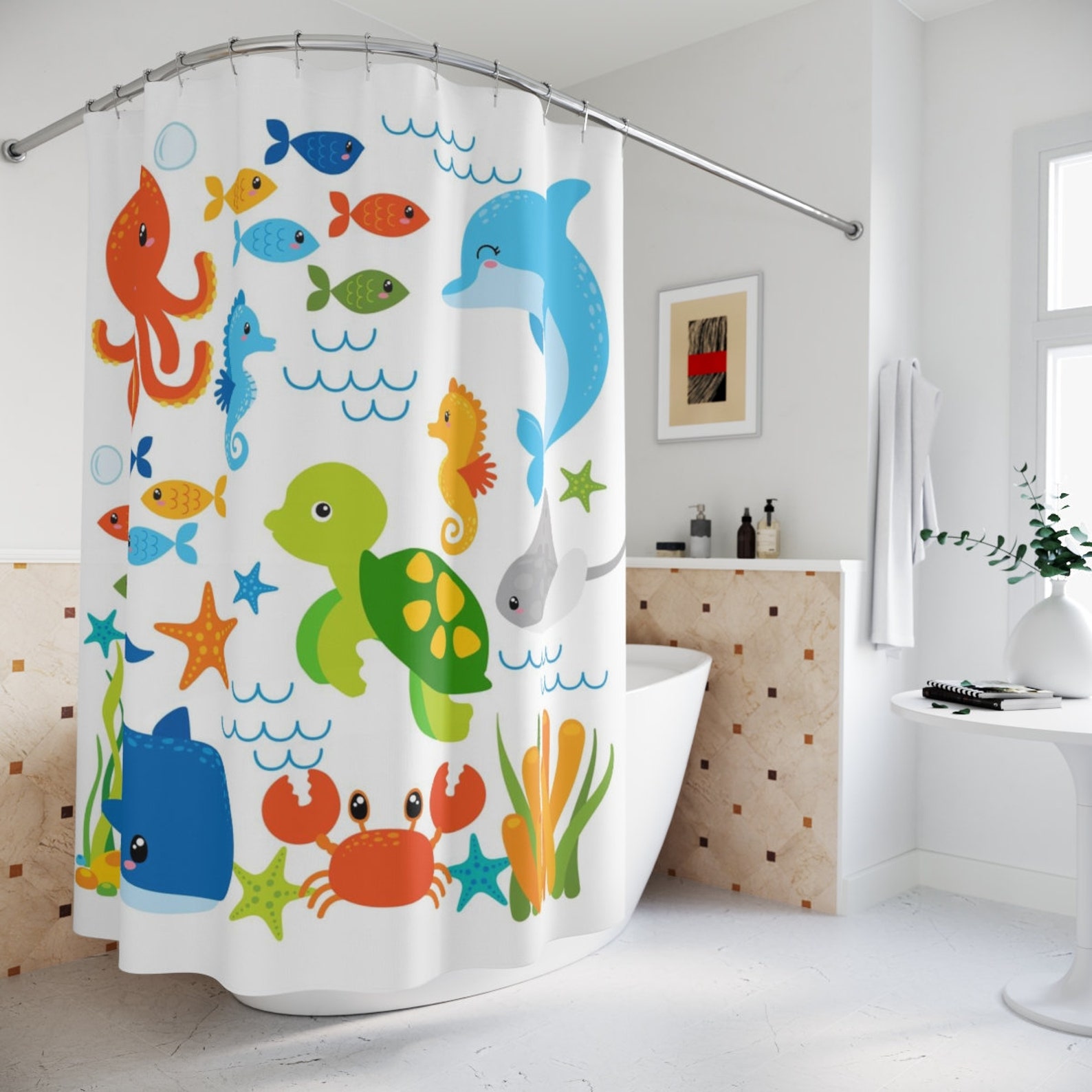 Sea Animals Kids Shower Curtain, Under the Sea Ocean Fish Whale Crab