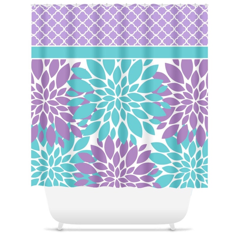 Purple Teal Floral Shower Curtain Quatrefoil Shower Curtain Etsy