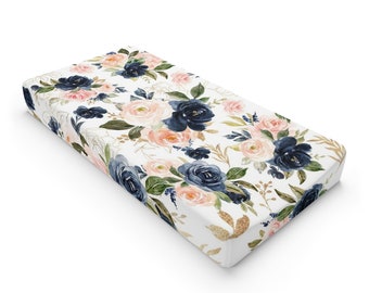 Floral Baby Changing Pad Cover,  Navy Blue  Blush Pink Watercolor Flowers  Baby Shower Gift  C172