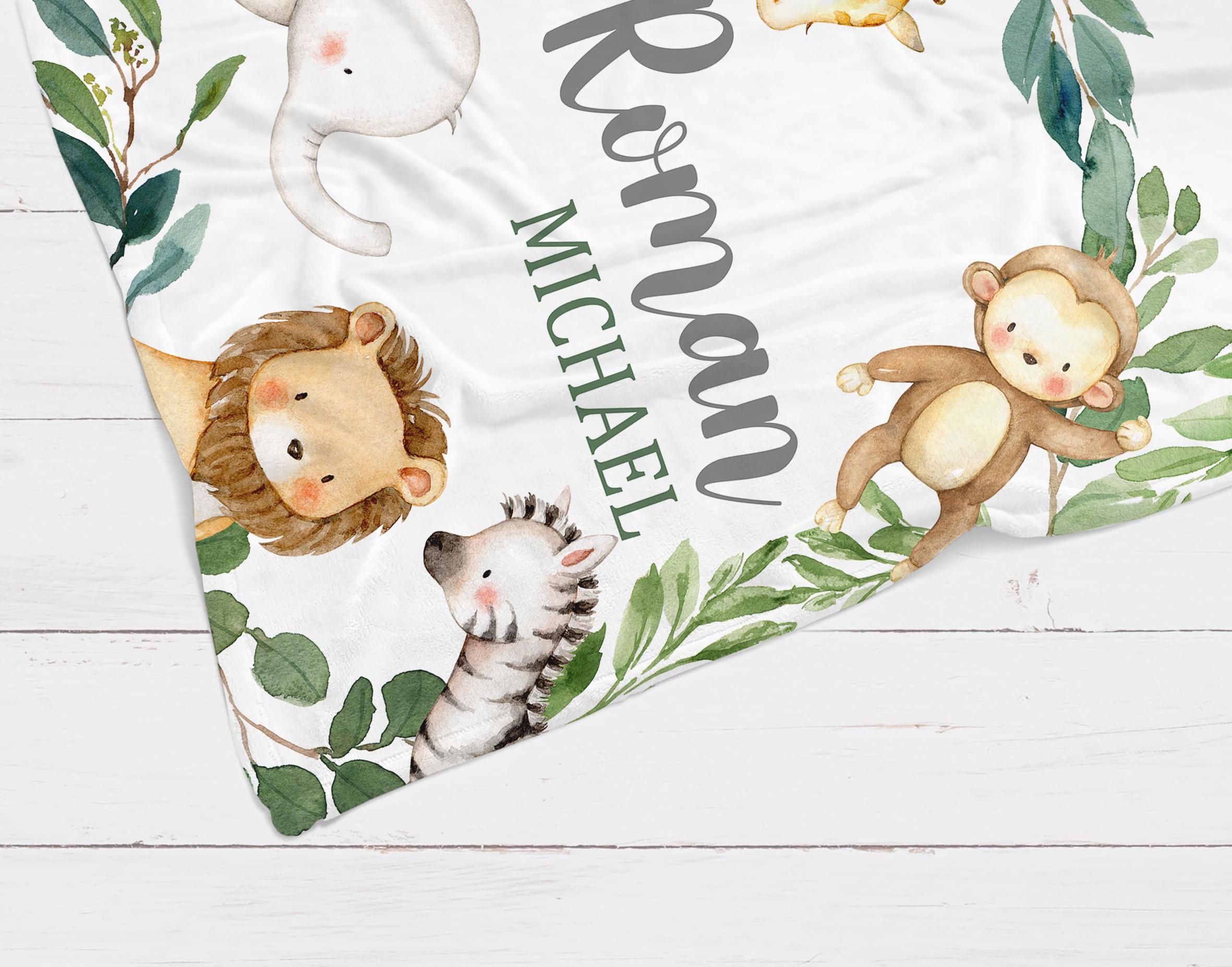 Safari Animals Baby Blanket, Jungle Greenery Personalized Blanket ...