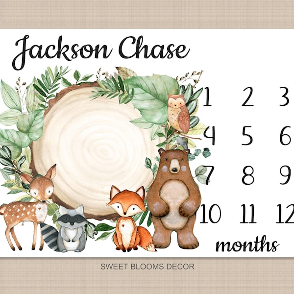 Woodland Milestone Blanket Personalized Rustic Forest Animals Greenery Log Bear Fox Deer Raccoon Newborn Photo Prop Baby Shower Gift B1092