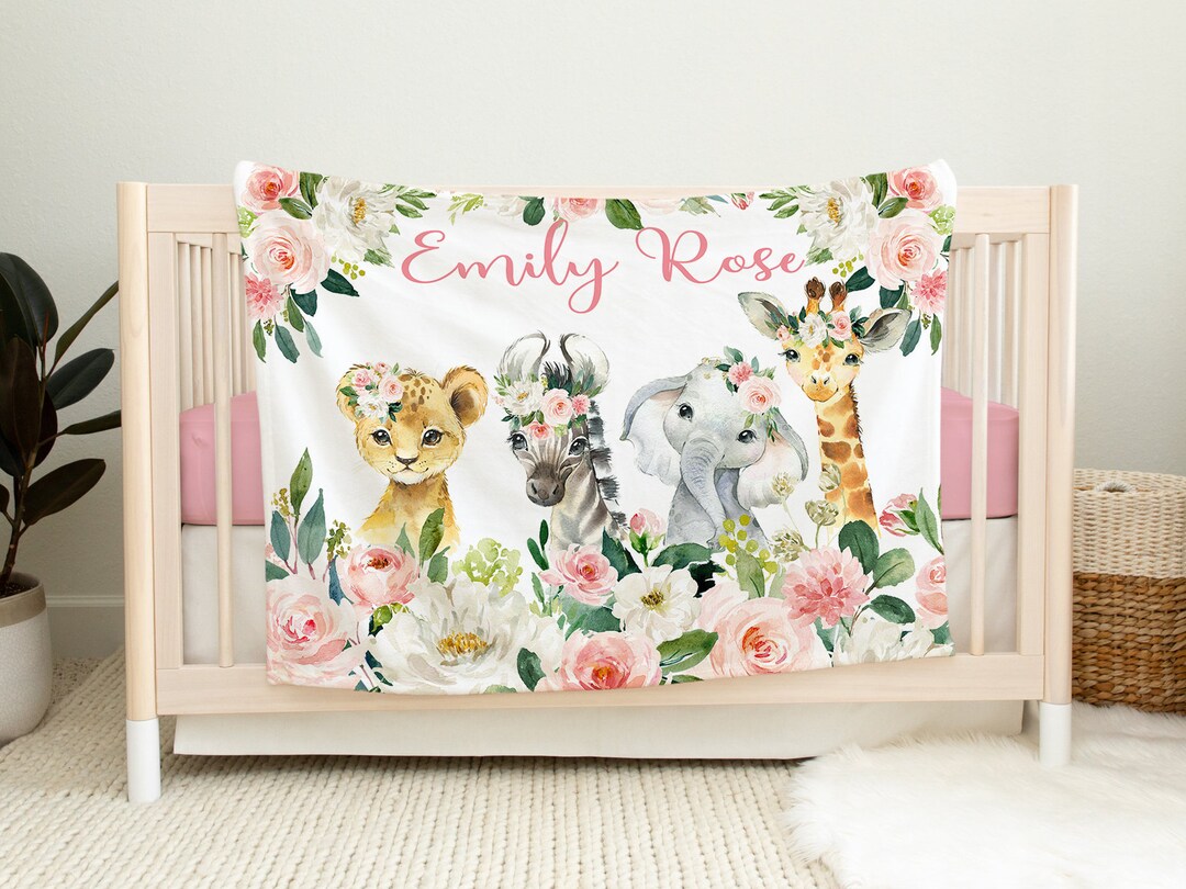 Animals Baby Girl Floral Blanket, Blush Pink Flowers Safari Jungle Name ...
