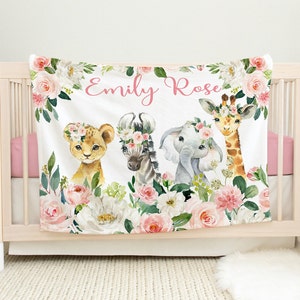 Animals Baby Girl Floral Blanket, Blush Pink Flowers Safari Jungle Name Blanket, Newborn Baby Shower Gift, Pink Floral  B1439