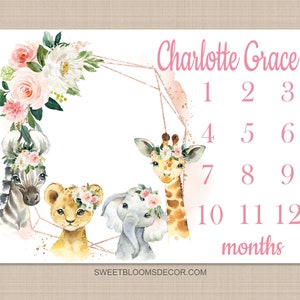 Safari Animals Floral Girl Milestone Blanket, Blush Pink Flowers Monthly Blanket Jungle Animals Personalized Newborn Baby Shower Gift B1317