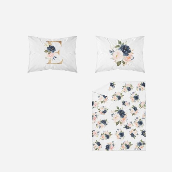 Kids Comforter Navy Blush Pink Coral Watercolor Flowers Monogram