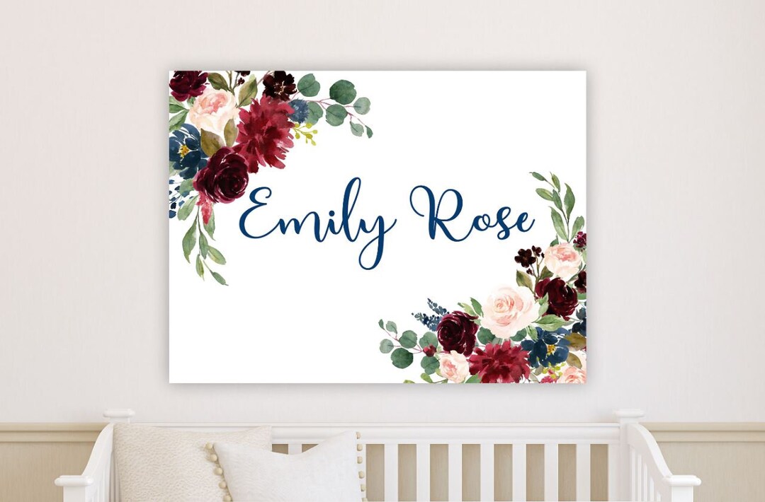Floral Girl Nursery Wall Art Burgundy Red Blush Pink Navy Blue Flowers ...
