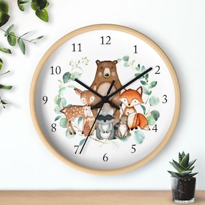 Woodland Animals Wall Clock, Eucalyptus Leaves Nursery Baby Boy Girl Bedroom Decor, Woodland Forest Animals Fox Bear Deer Raccoon Owl T141