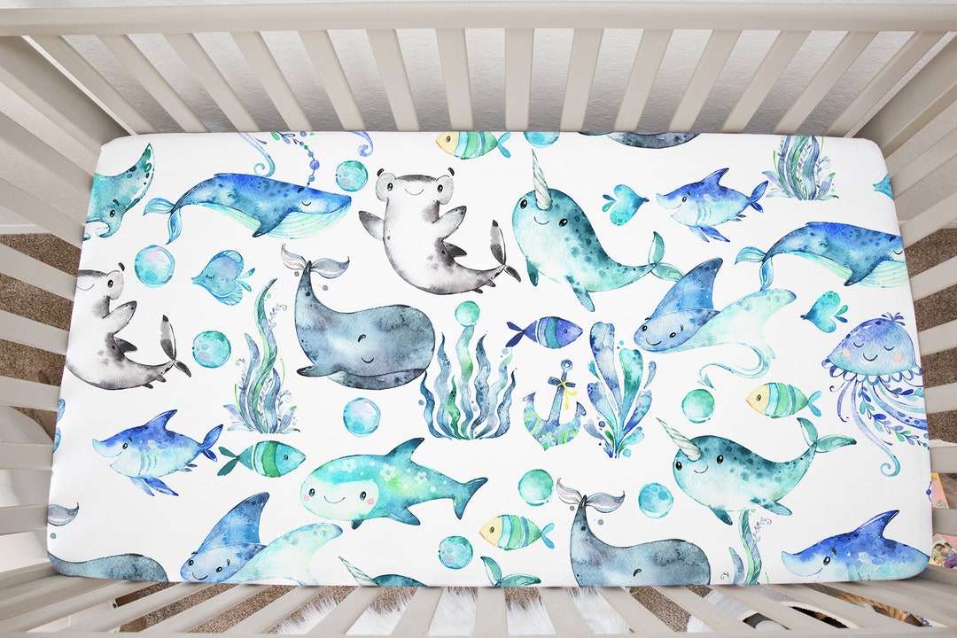 Sea Animals Crib Sheet, Under the Sea Ocean Blue Green Nursery Fitted