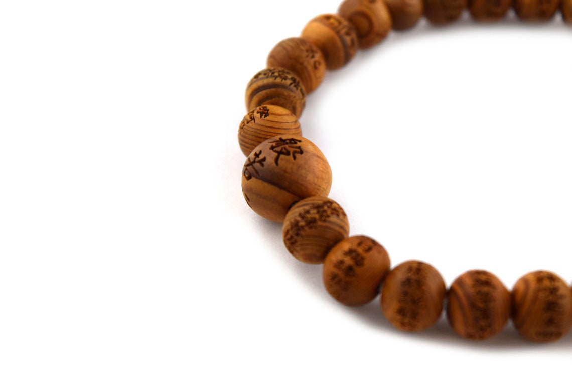 Japanese Cedar Yakusugi Wood Bracelet - Handmade Heart Sutra Beads Mala Bracelet For Men & Women - View #2