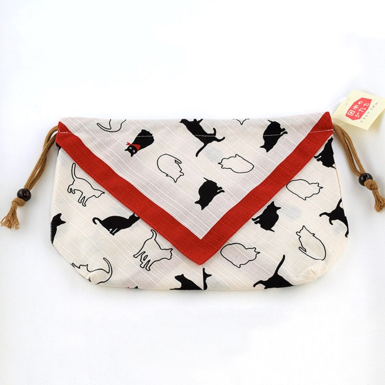 25x 15x8.5cm Japane Tradition Kinchaku Cotton Fabric Wrapping Bento Bag Carrying cloth Drawstring bag Pouch Purse Kyoto Cat Panda Pattern Cat Beige
