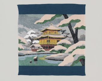 風呂敷 金閣寺 井堂雅夫 現代木版画 ふろしき 京都風景 ブルー