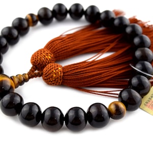 Banded Kokutan Ebony & Tiger eye stone Japanese Juzu Beads Buddhist Prayer beads Asian Rosary Mala beads for Men Kyoto Handmade Gifts