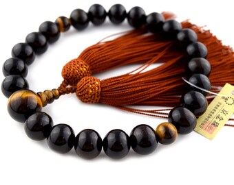 Banded Kokutan Ebony & Tiger eye stone Japanese Juzu Beads Buddhist Prayer beads Asian Rosary Mala beads for Men Kyoto Handmade Gifts