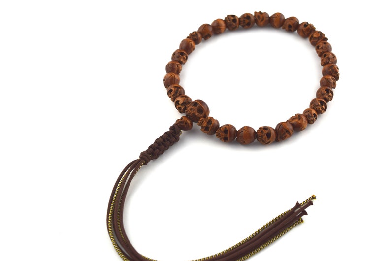 Brown Tsuge Wood Japanese box 10mm Skull beads Japanese Juzu Buddhist Prayer beads Rosary for Men Handmade Kyoto shops Meditation Zen Exotic Gift