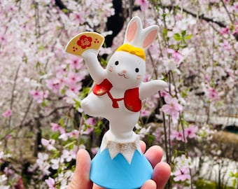Japanese Traditional Easter Double Rabbit figurine Ceramic Ornament Lucky Asia Culture Charm Art  Rabbit Home decor gift pink white Mt Fuji