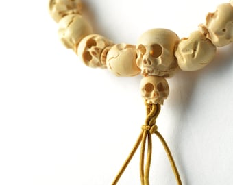 White&Black Tsuge Box wood Skull Bracelet Gothic Japanese Juzu Prayer beads Asian Rosary Halloween Cool Zen Handmade Kyoto Gifts for him